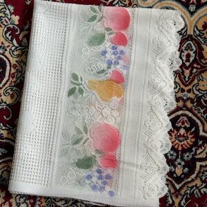 Kitchen Curtain 23x62” IN Vintage French Lace Scalloped Edges Cloth Fruits